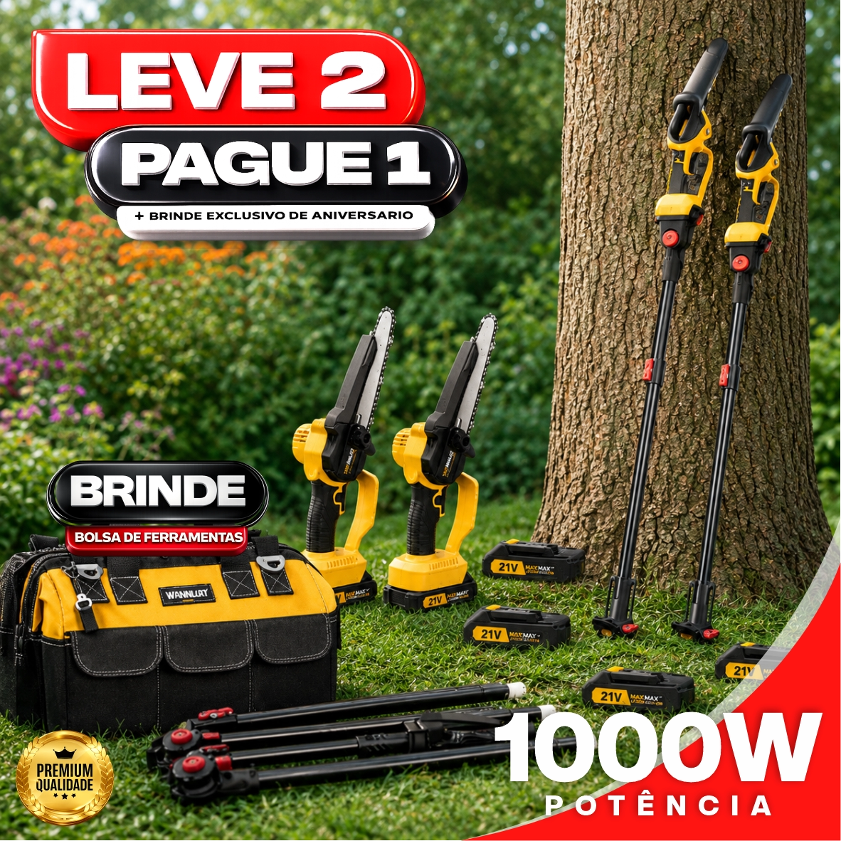 Mini Motosserra Elétrica Com 4 Baterias 21v Bivolt + BRINDE Bolsa de Ferramentas Multiuso - COMPRE 1 LEVE 2