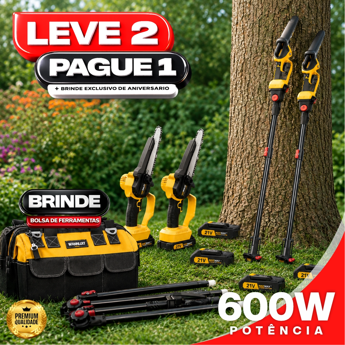 Mini Motosserra Elétrica Com 4 Baterias 21v Bivolt + BRINDE Bolsa de Ferramentas Multiuso - COMPRE 1 LEVE 2