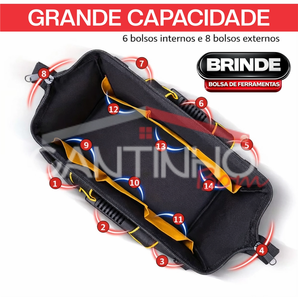 Mini Motosserra Elétrica Com 4 Baterias 21v Bivolt + BRINDE Bolsa de Ferramentas Multiuso - COMPRE 1 LEVE 2