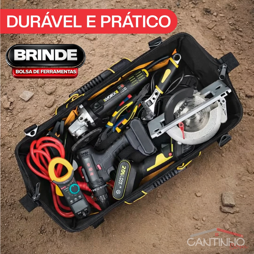 Mini Motosserra Elétrica Com 4 Baterias 21v Bivolt + BRINDE Bolsa de Ferramentas Multiuso - COMPRE 1 LEVE 2