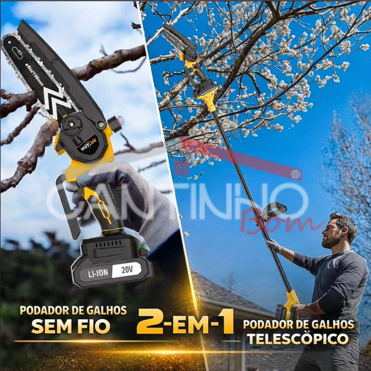 Mini Motosserra Elétrica Com 4 Baterias 21v Bivolt + BRINDE Bolsa de Ferramentas Multiuso - COMPRE 1 LEVE 2
