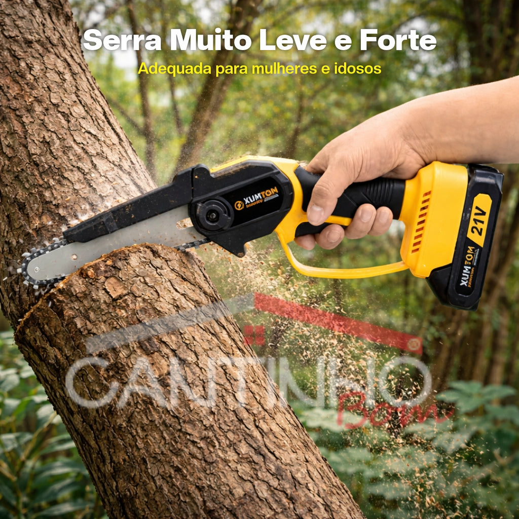 Mini Motosserra Elétrica Com 4 Baterias 21v Bivolt + BRINDE Bolsa de Ferramentas Multiuso - COMPRE 1 LEVE 2