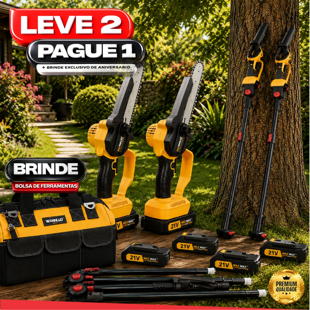 Mini Motosserra Elétrica Com 4 Baterias 21v Bivolt + BRINDE Bolsa de Ferramentas Multiuso - COMPRE 1 LEVE 2